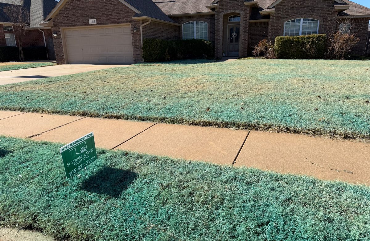 Superior Lawn Solutions pre-emergent treatment – OKC lawn with yard sign